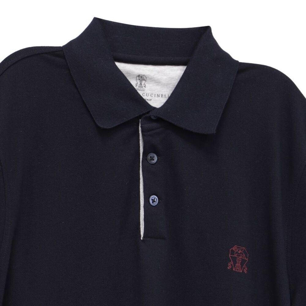 Brunello Cucinelli Logo Embroidered Polo Shirt in Navy Blue Cotton - Picture 2 of 5